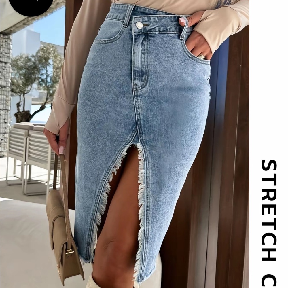 Light Blue Denim Midi Skirt with Front Slit